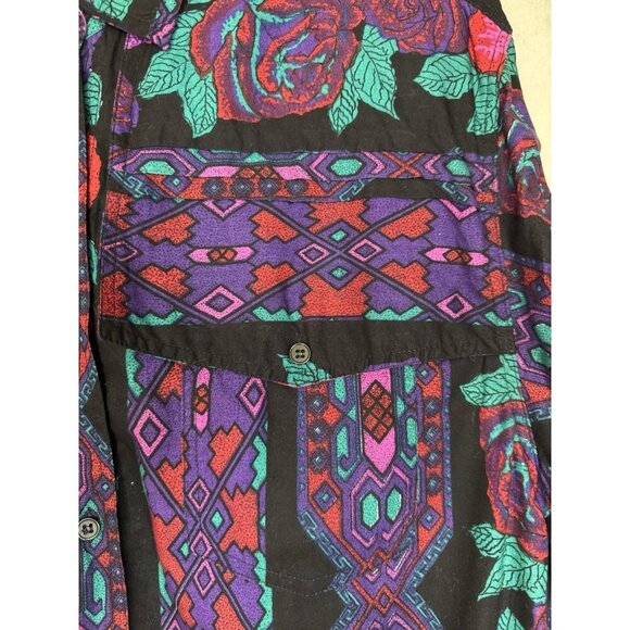 ADOBE ROSE Vtg Purple Floral Button Shirt Western Rodeo Aztec Rockabilly LARGE - Picture 5 of 12